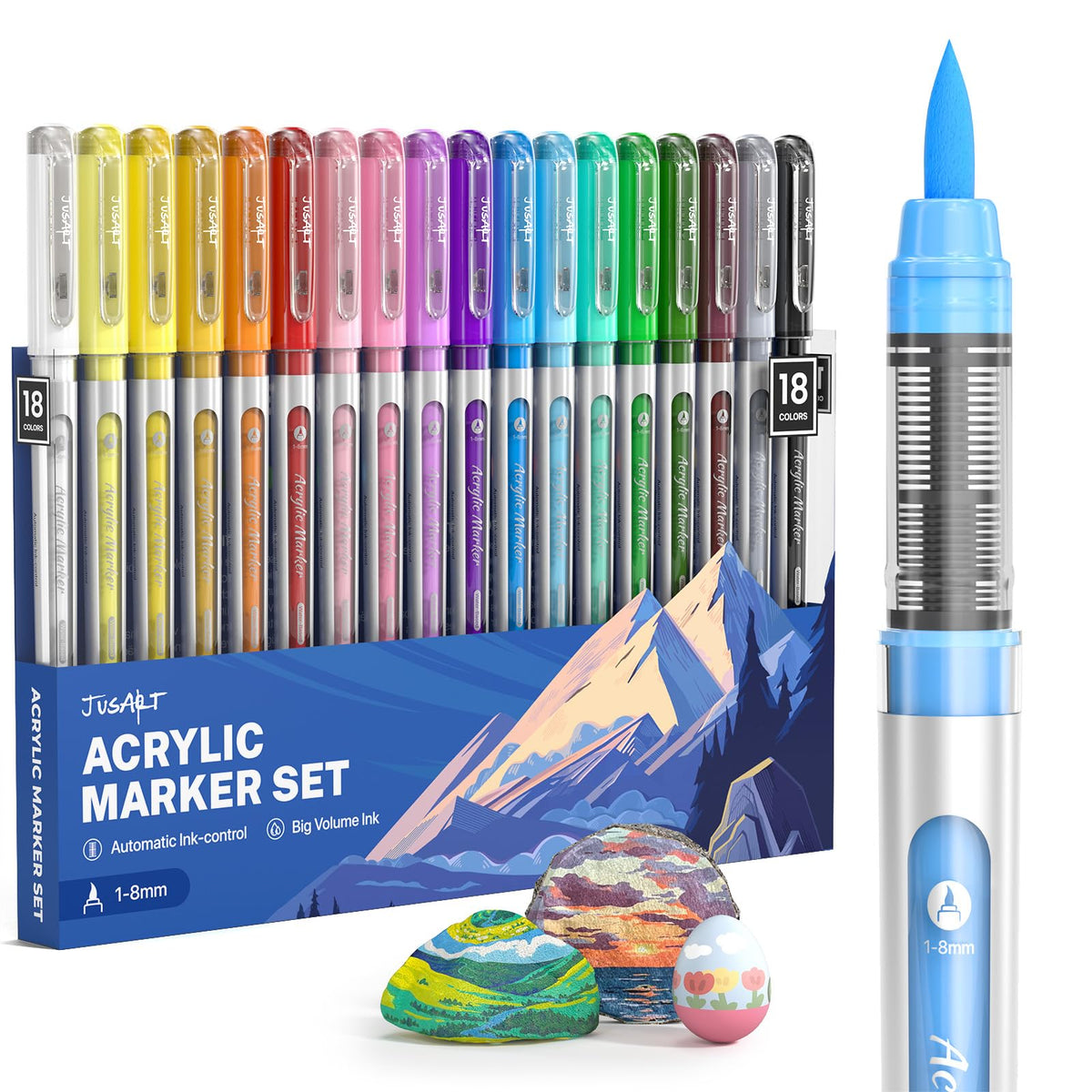 JusArt Acrylic Paint Markers Brush Tip 18 Colors, Water-Based No-Bleed Markers with Automatic Ink Control, Waterproof Acrylic Paint Pens for Eggs, Fabric, Rock, Glass, Ceramic, Metal