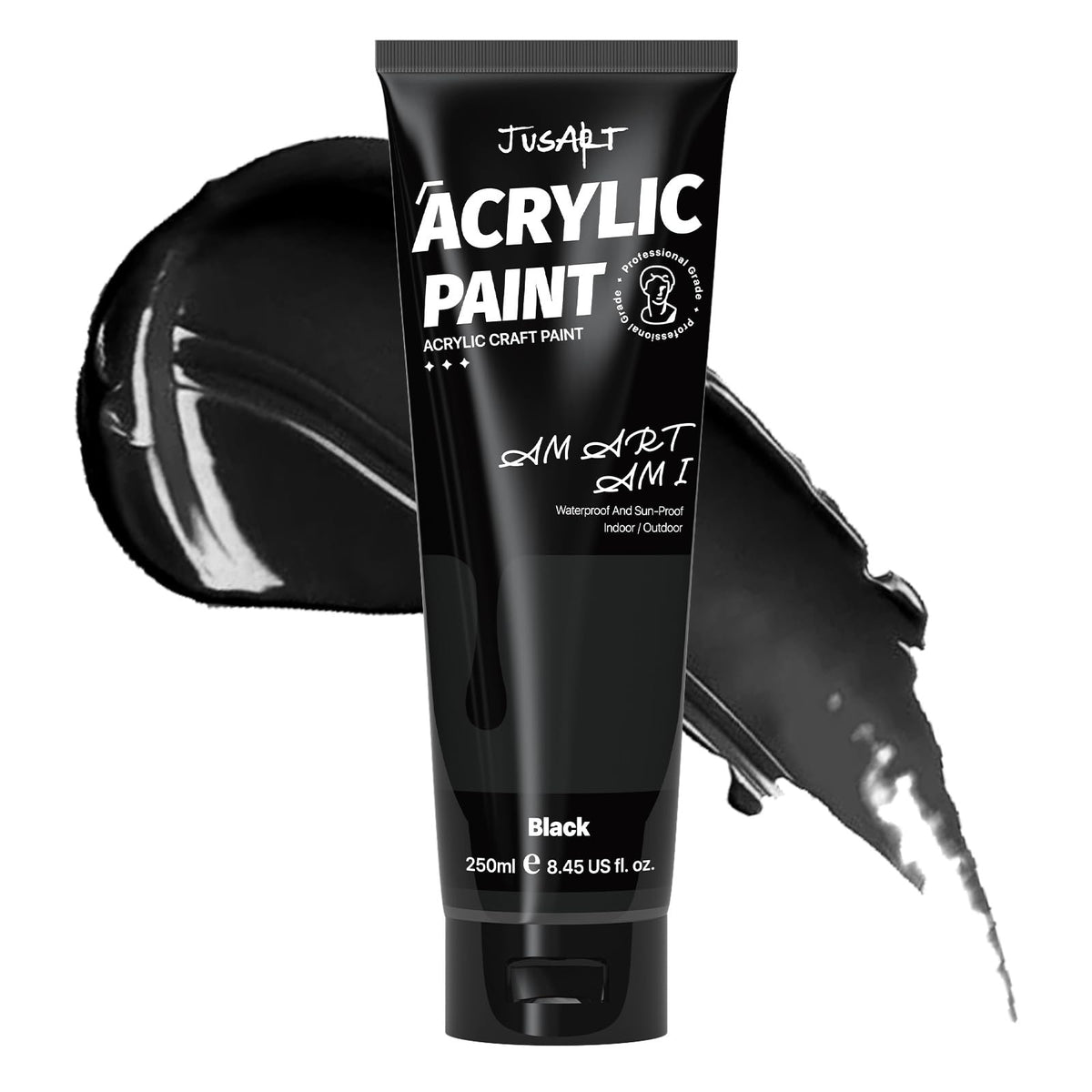 JusArt Acrylic Paint Black Tubes 250ml (8.45 oz), Non Toxic Craft Paint, No Fading Rich Pigment for Canvas Painting, Wood, Fabric, Clay, Stone, Ceramics Art Supplies for Artists, Adults