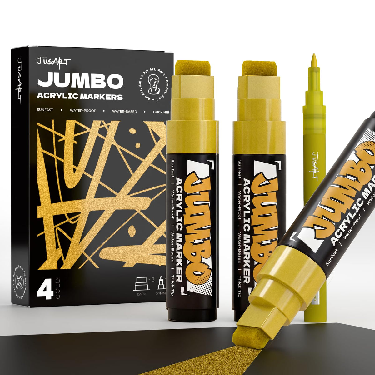 JusArt 4 Pcs Gold Jumbo Poster Marker Set, 15mm Wide Tip and 0.7mm Fine Tip, Acrylic Paint Markers for Rock, Fabric, Glass, Metal, Wood
