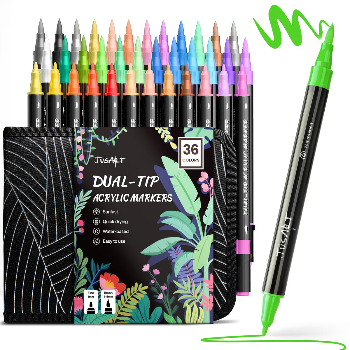 JusArt 36 Colors Acrylic Paint Markers Set With Bag, Dual Tip with Brush Tip and Fine Tip Paint Pens for Rock Painting, Wood, Egg, Canvas, Stone, Ceramic, DIY Crafts Professional Art Supplies