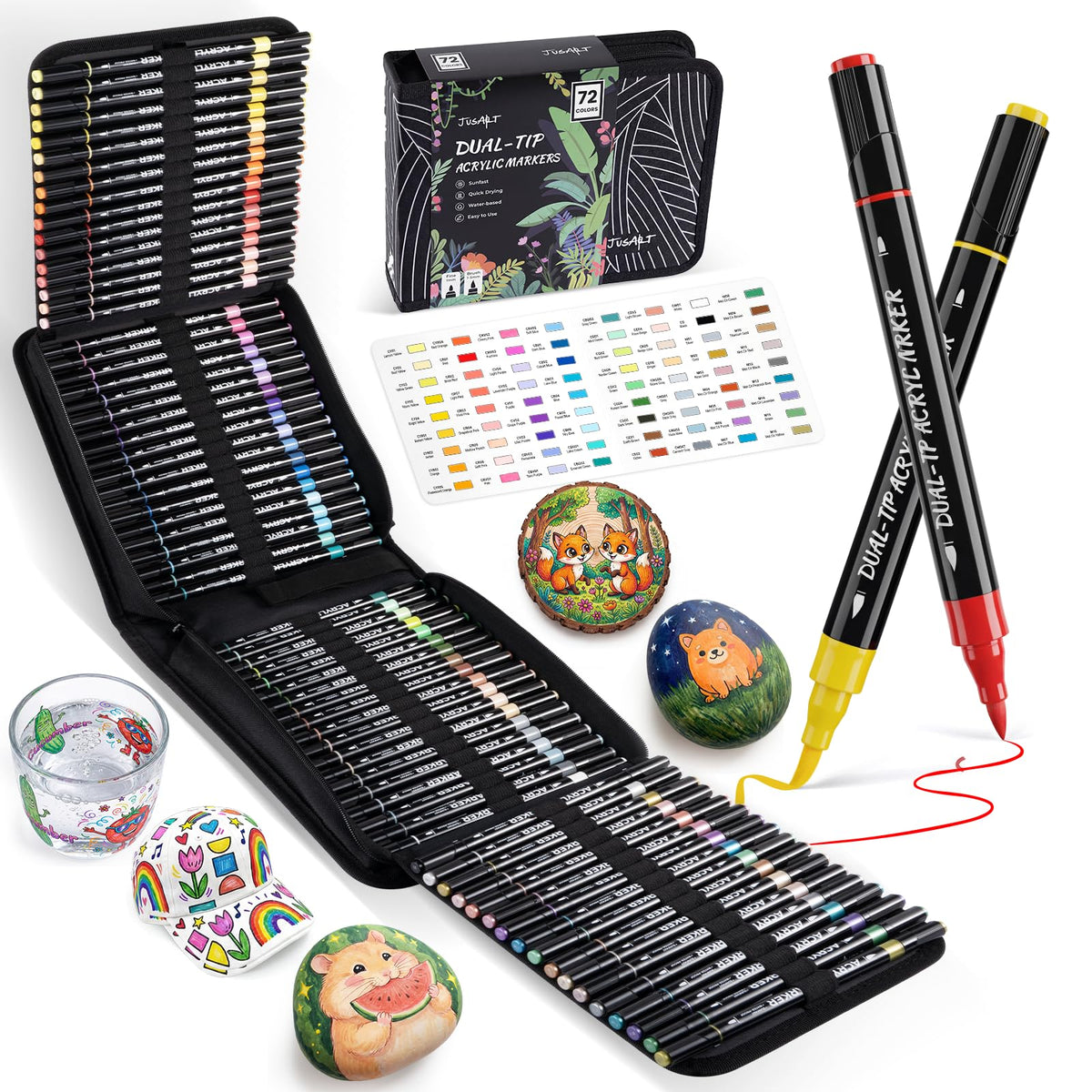 JusArt 72 Colors Acrylic Paint Markers Set with Canvas Bag, Dual Tips with Brush Tip & Fine Tip, No-Bleed, Waterproof, Non-Toxic & Odorless Adult Paint Pens for Rock, Egg, Wood, fabric, Glass, DIY