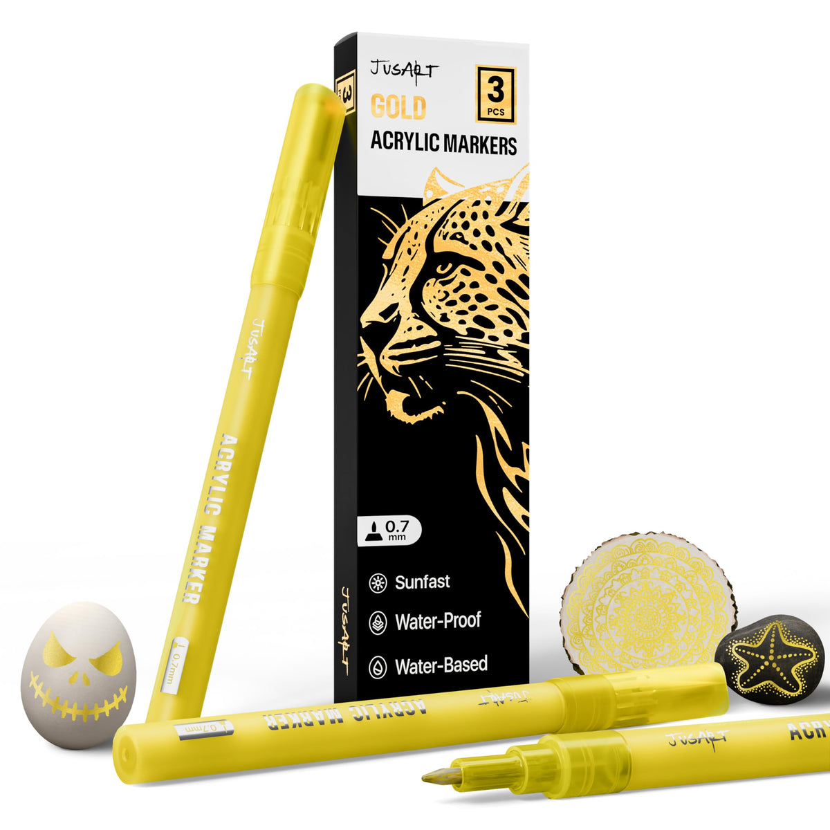 JusArt 3 Pack Gold Permanent Markers, 0.7mm Fine Point Acrylic Paint Pens for Rock Painting, Art Projects, Ceramic, Glass, Wood, Metal, Fabric, DIY, Ideal White Acrylic Marker for Art Supplies