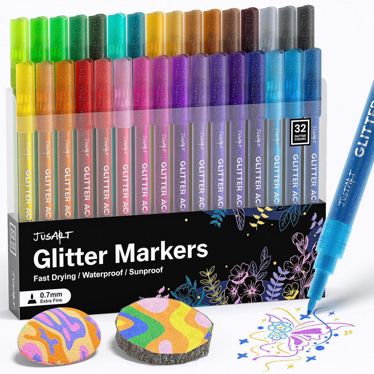 JusArt 32 Colors Glitter Markers, Glitter Paint Pens Sparkly and Shiny for DIY Card Making, Coloring, Scrapbooking,Wood, Stone, Fabric, Rock - 0.7mm Extra Fine Acrylic Paint Markers