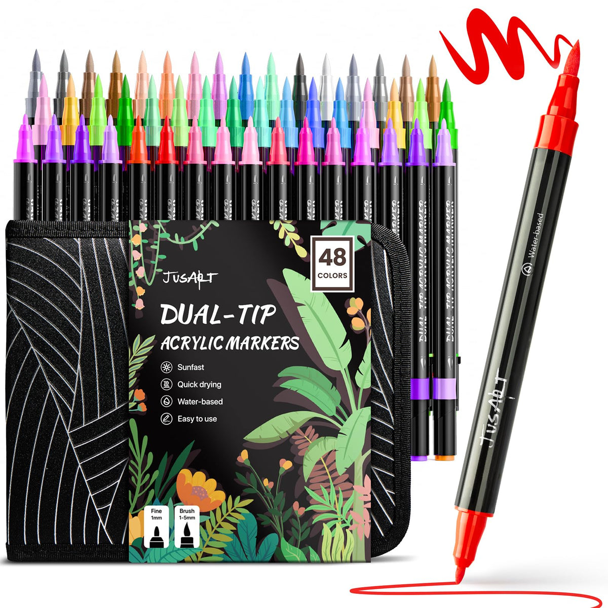JusArt 48 Colors Acrylic Paint Markers Set with Canvas Bag, Dual Tips with Brush Tip & Fine Tip, No-Bleed, Waterproof, Non-Toxic & Odorless Paint Pens for Rock, Egg, Wood, Canvas, Ceramic, DIY