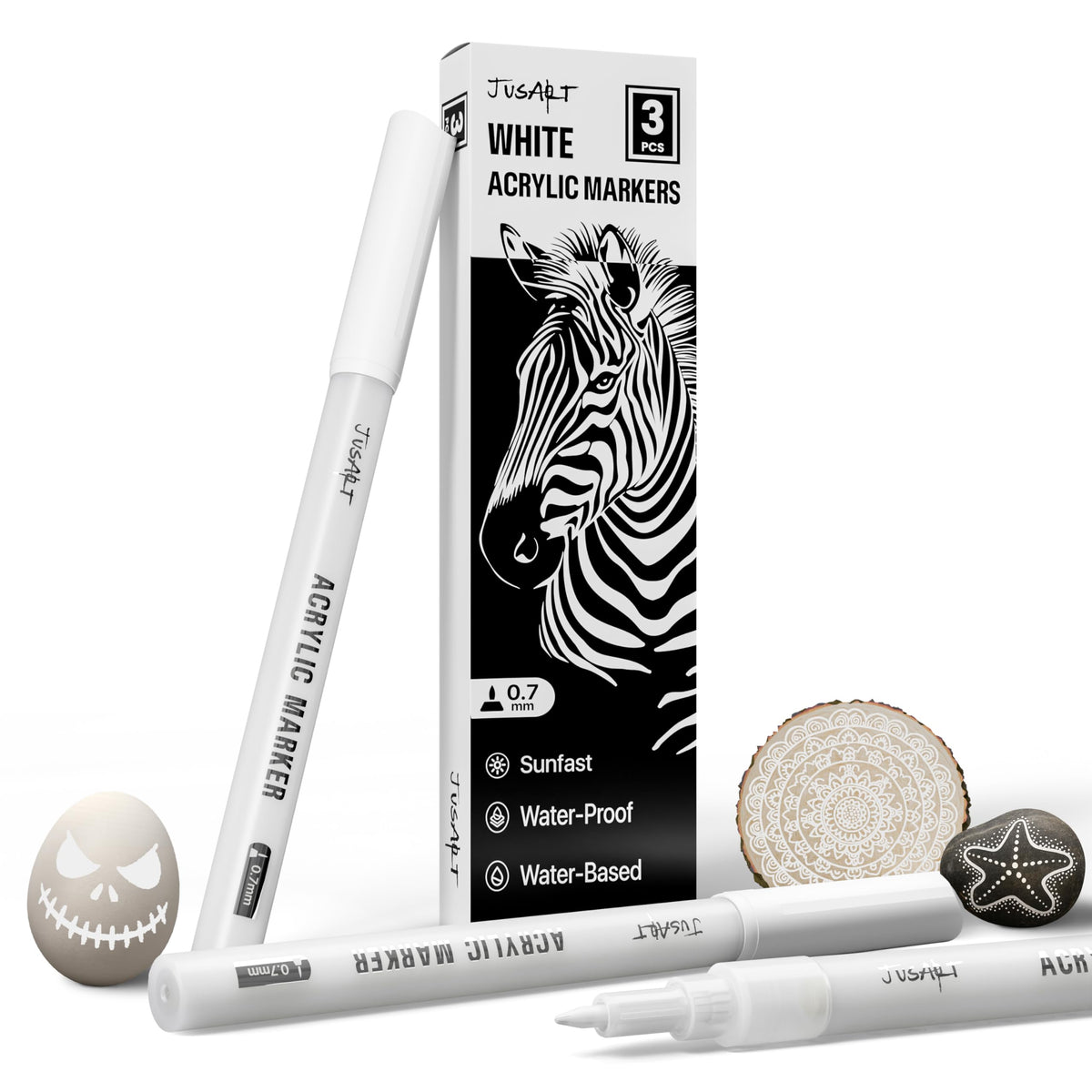 JusArt 3 Pack White Permanent Markers, 0.7mm Fine Point Acrylic Paint Pens for Rock Painting, Art Projects, Ceramic, Glass, Wood, Metal, Fabric, DIY, Ideal White Acrylic Marker for Art Supplies