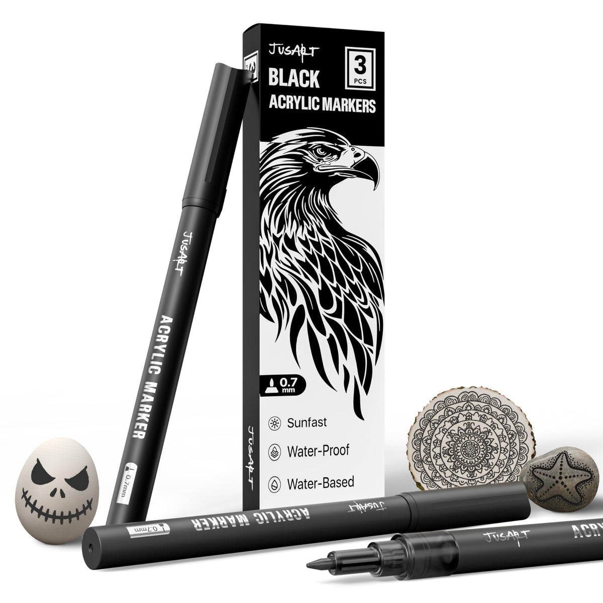 JusArt 3 Pack Black Permanent Markers, 0.7mm Fine Point Acrylic Paint Pens for Rock Painting, Art Projects, Ceramic, Glass, Wood, Metal, Fabric, DIY, Ideal White Acrylic Marker for Art Supplies