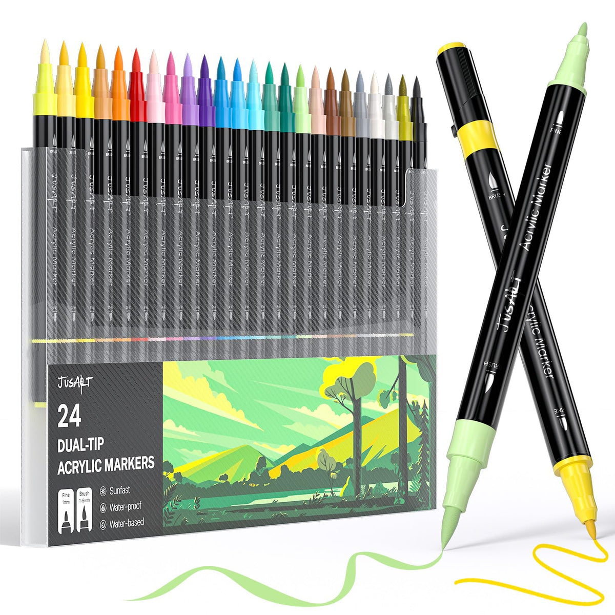 JusArt 24 Colors Dual Tip Acrylic Paint Pens Markers, Brush and Fine Tip, Premium Paint Pens for Wood, Canvas, Egg, Stone, Fabric, Rocks, Metal, Glass, Ceramic, DIY Crafts Making Art Supplies Gifts