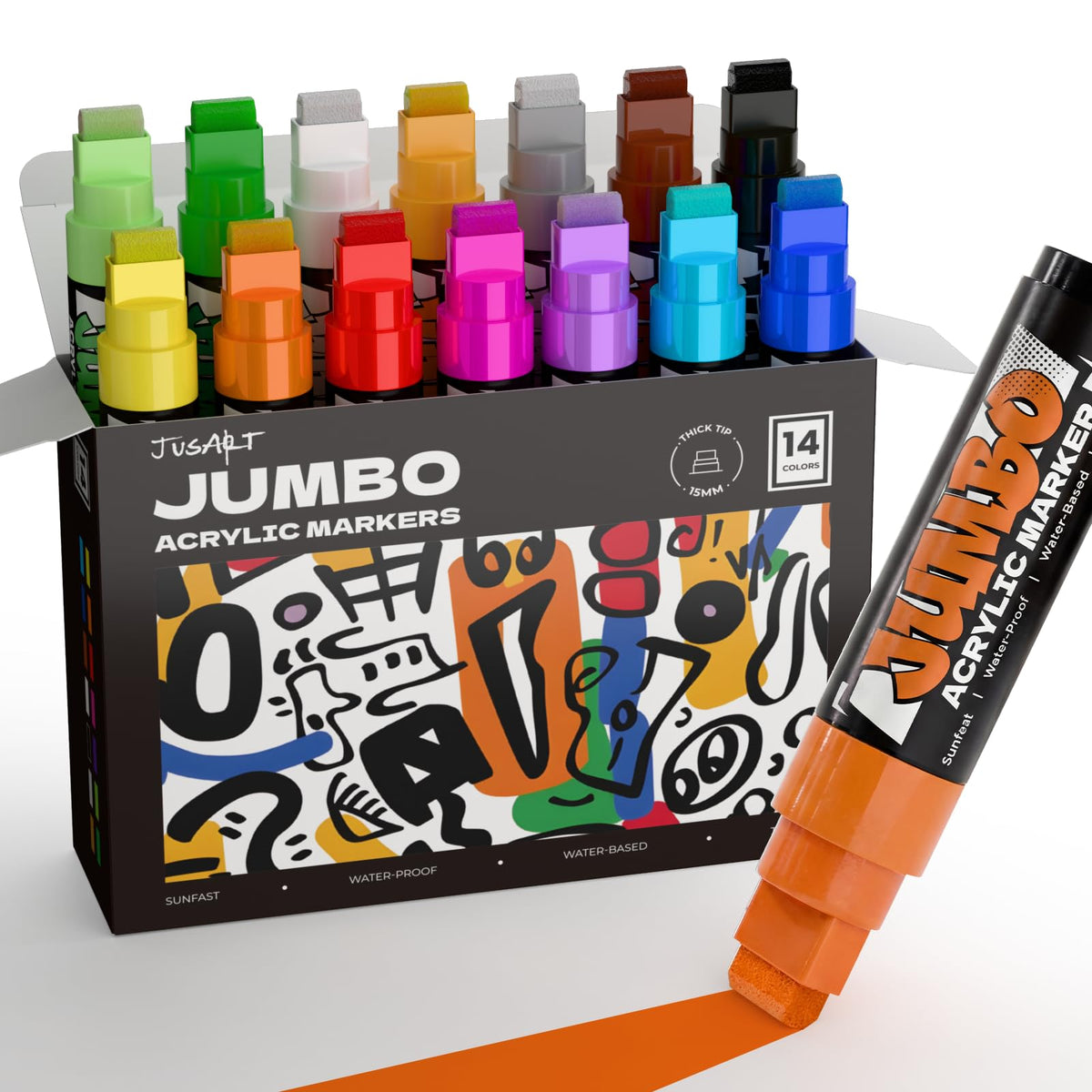JusArt 14 Colors Jumbo Markers for Posters, 15mm Wide Tip, Thick Acrylic Paint Markers for Rock, Fabric, Window, Metal, Wood, Wall