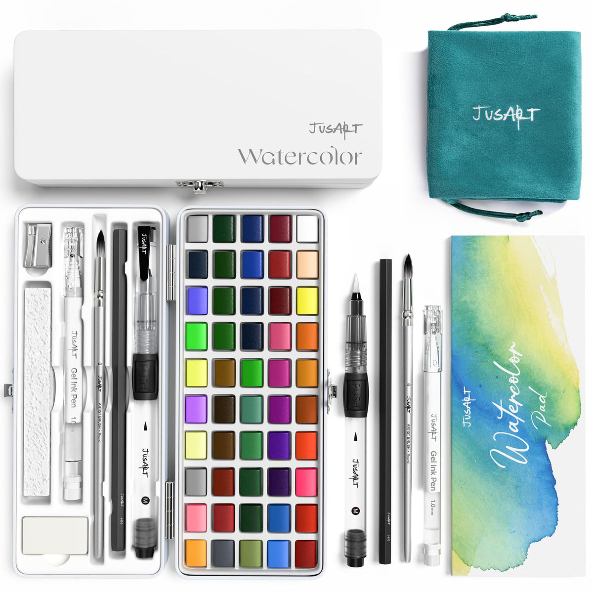 JusArt 50 Colors Watercolor Paint Set,Art Supplies with Metallic Color, Detail Painting Brushes, Water Brush Pens, Portable Travel Painting Kit for Artists, Professionals, Adults