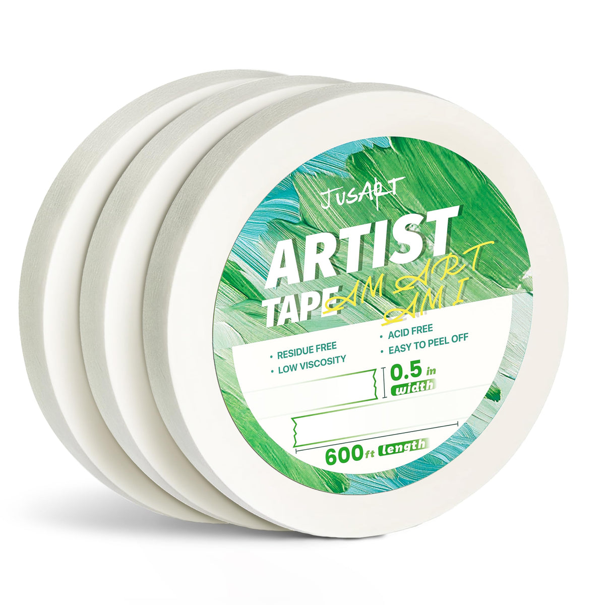 JusArt 3 Packs Artist Tape for Watercolor Paper, 1/2 inch Wide Total 600FT Long, White Art Tape,Masking Tape for Masking, Drafting and Painting, Acid Free, Low Tack