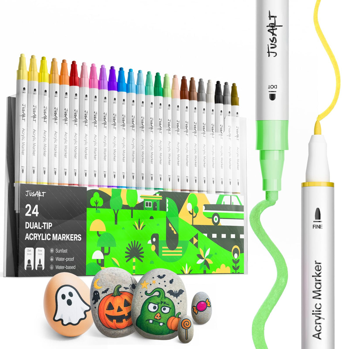 JusArt 24 Colors Dual Tip Acrylic Paint Pens Markers, Premium Water-Based Acrylic Paint Markers for Fabric, Rock, Wood, Glass, Eggs, Canvas, Ceramic, Easter Basket Stuffers DIY Crafts Drawing Markers