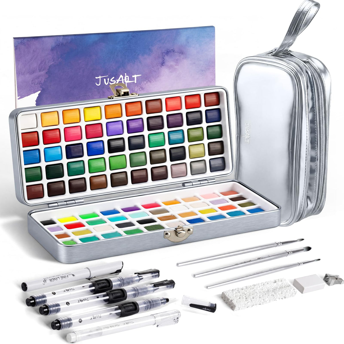 JusArt 100 Colors Watercolor Paint Set,Art Supplies with Metallic Color, Detail Painting Brushes, Water Brush Pens, Portable Travel Watercolor Painting Set for Adult, Artists, Professionals