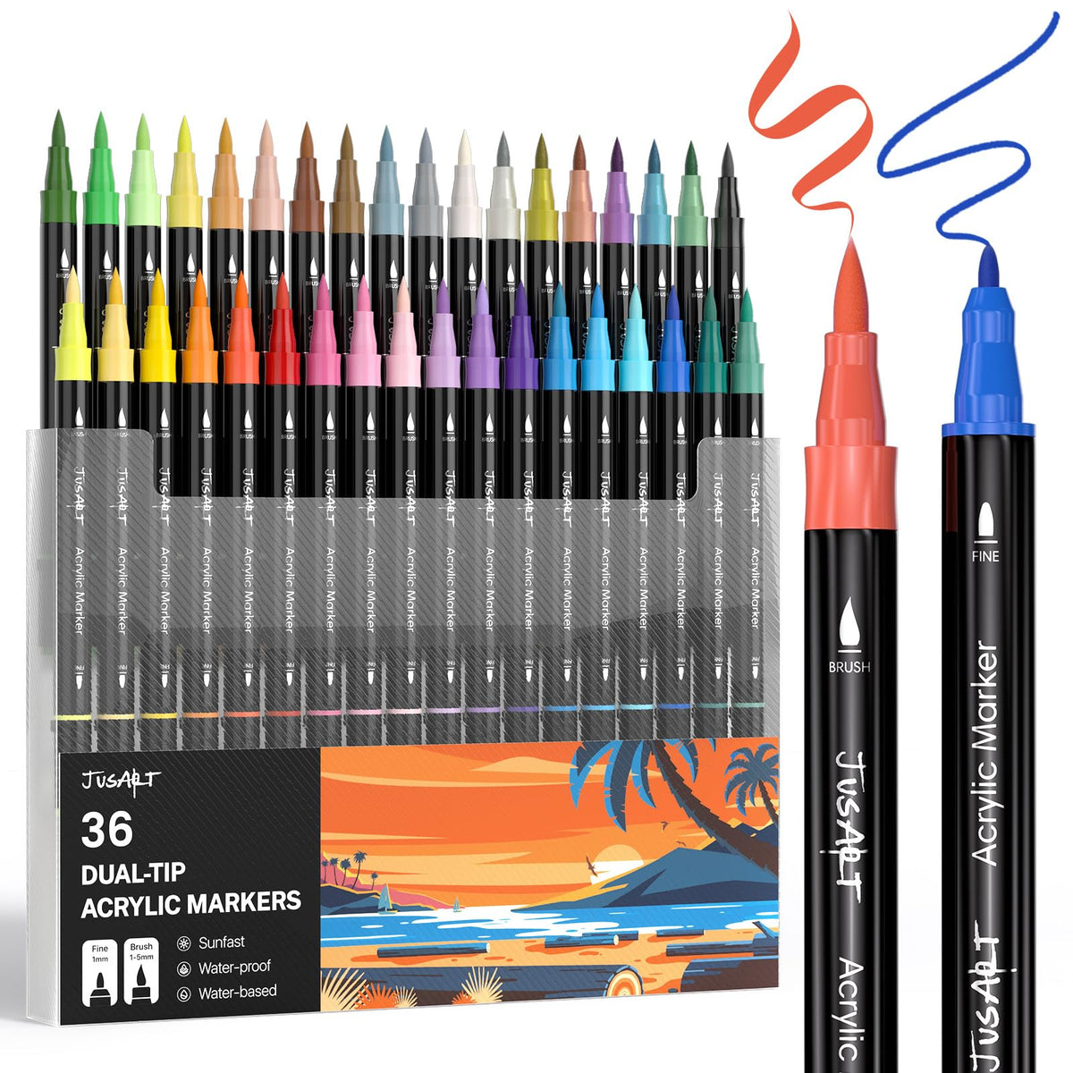 JusArt 36 Colors Dual Tip Acrylic Paint Pens Markers, Brush and Fine Tip, Premium Paint Pens for Wood, Canvas, Egg, Stone, Fabric, Rocks, Metal, Glass, Ceramic, DIY Crafts Making Art Supplies Gifts