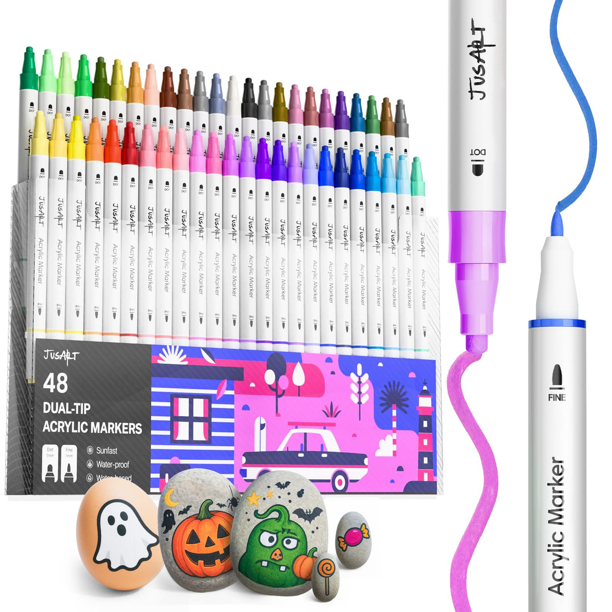 JusArt 48 Colors Dual Tip Acrylic Paint Pens Markers, Premium Water-Based Acrylic Paint Markers for Fabric, Rock, Wood, Glass, Eggs, Canvas, Ceramic, Easter Basket Stuffers DIY Crafts Drawing Markers