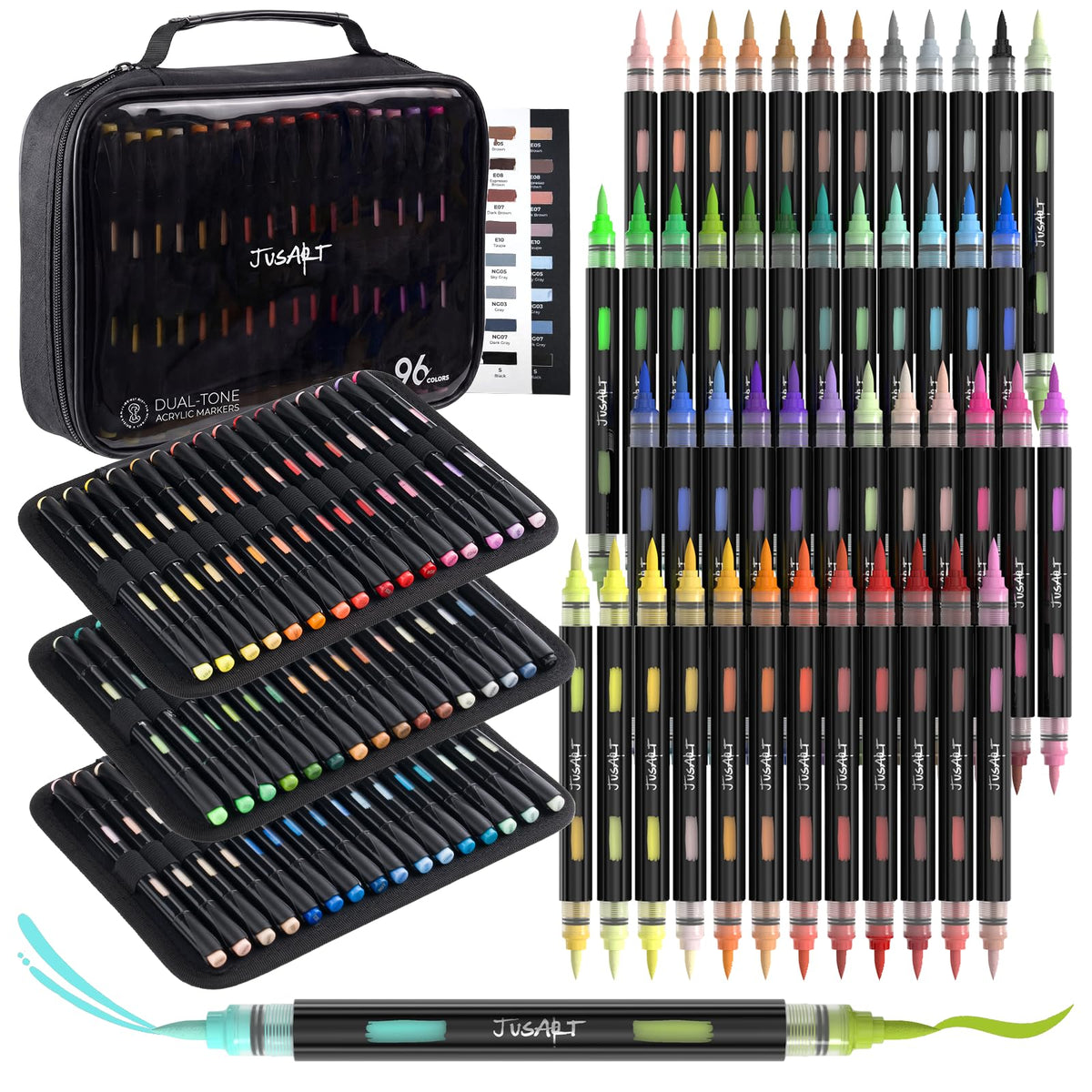 JusArt Acrylic Paint Markers, 96 Colors Brush Tip Acrylic Marker Set, 48 Dual-Tip Water-Based No-Bleed Markers with Automatic Ink Control for Wood, Rock, Fabric, Canvas, Glass, Metal,DIY Crafts
