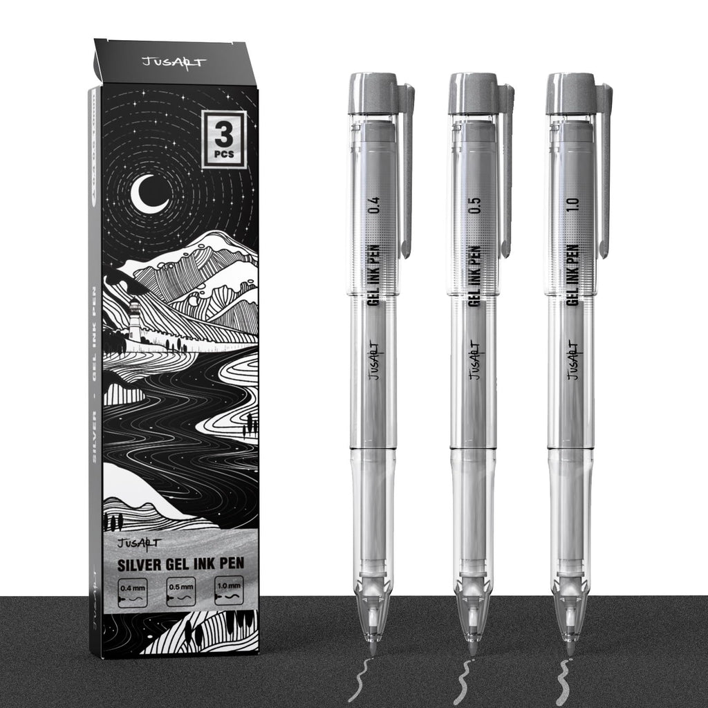 JusArt Silver Pens with 0.4mm, 0.5mm & 1.0mm Assorted Tips, Opaque Ink Gel Pens for Black Paper, Drawing, Journaling & DIY Crafts, Ideal Drawing Pens for Artists & Art Supplies, 3 Pack
