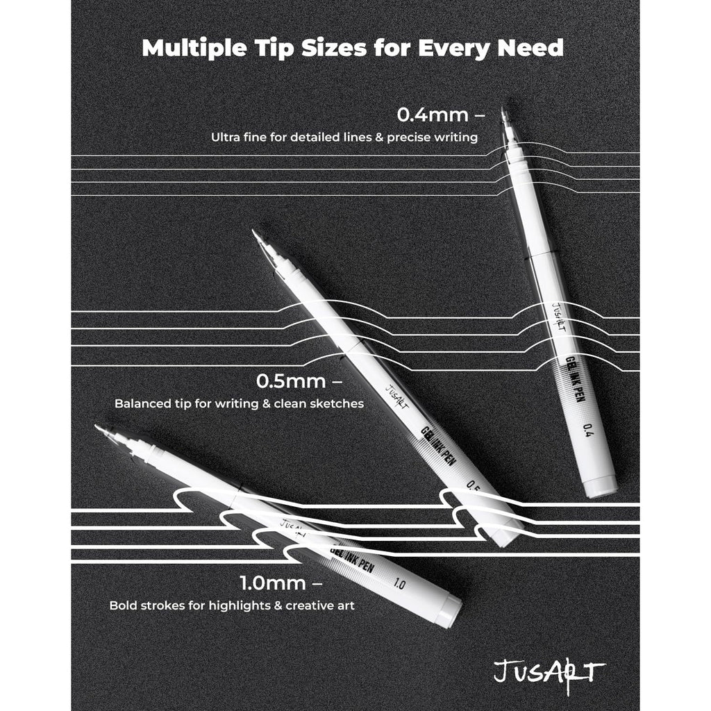 JusArt White Pen, Gold Pens & Silver Pen with 0.4mm, 0.5mm & 1.0mm Assorted Tips, Opaque Ink Pens for Black Paper, Journaling & DIY Crafts, Ideal Drawing Pens for Artists & Art Supplies, 5 Pack