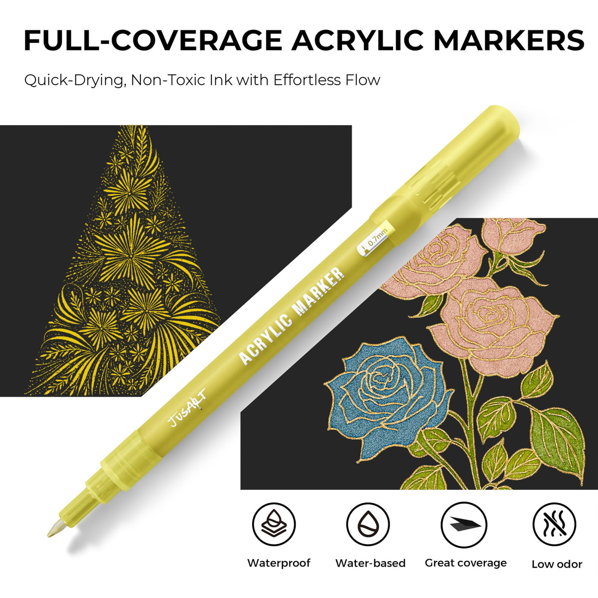 JusArt 6 Pack Gold Acrylic Paint Markers, 0.7mm Fine Point Acrylic Paint Pens for Rock Painting, Art Projects, Ceramic, Glass, Wood, Metal, Fabric, DIY, Ideal Gold Permanent Marker for Art Supplies
