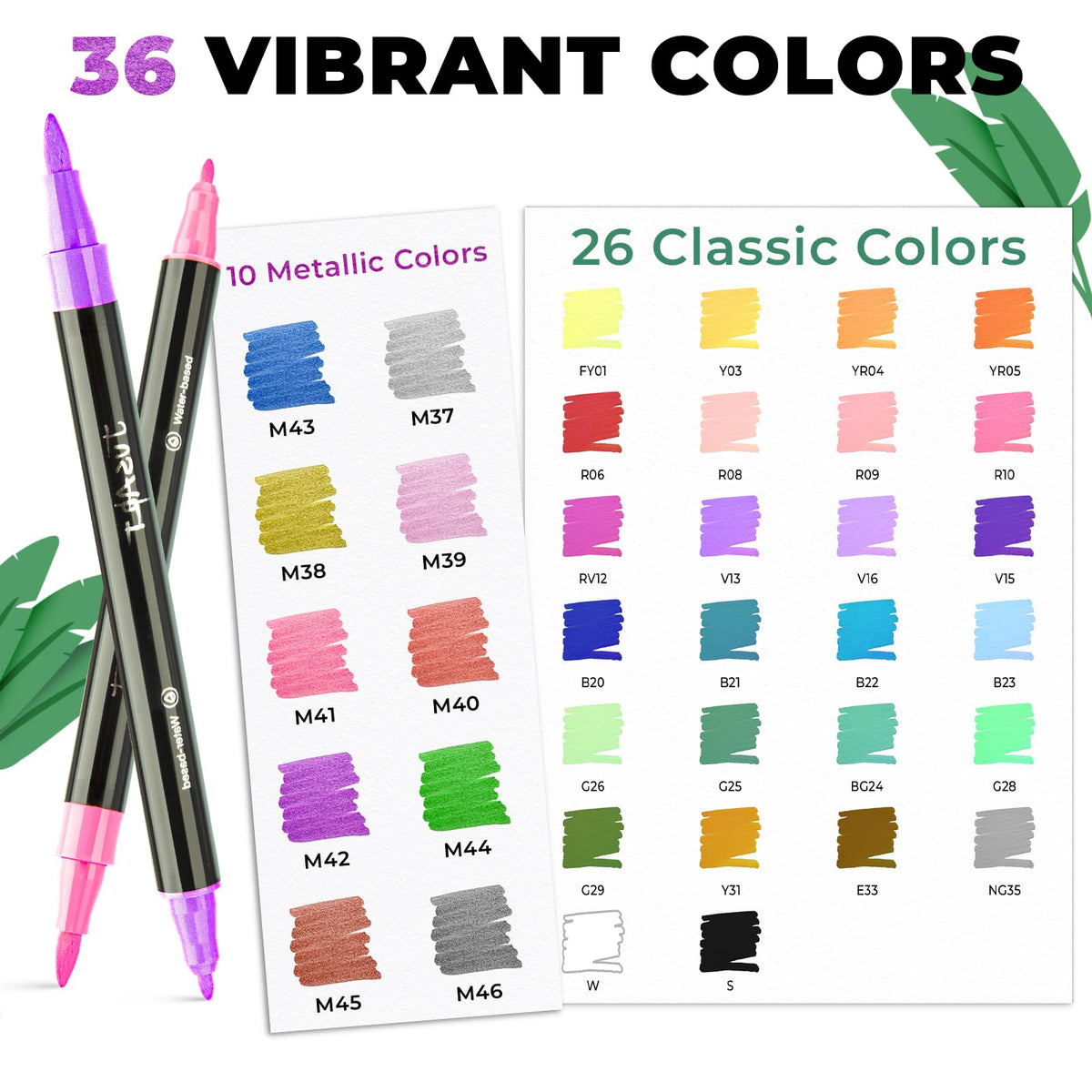 JusArt 36 Colors Acrylic Paint Markers Set With Bag, Dual Tip with Brush Tip and Fine Tip Paint Pens for Rock Painting, Wood, Egg, Canvas, Stone, Ceramic, DIY Crafts Professional Art Supplies
