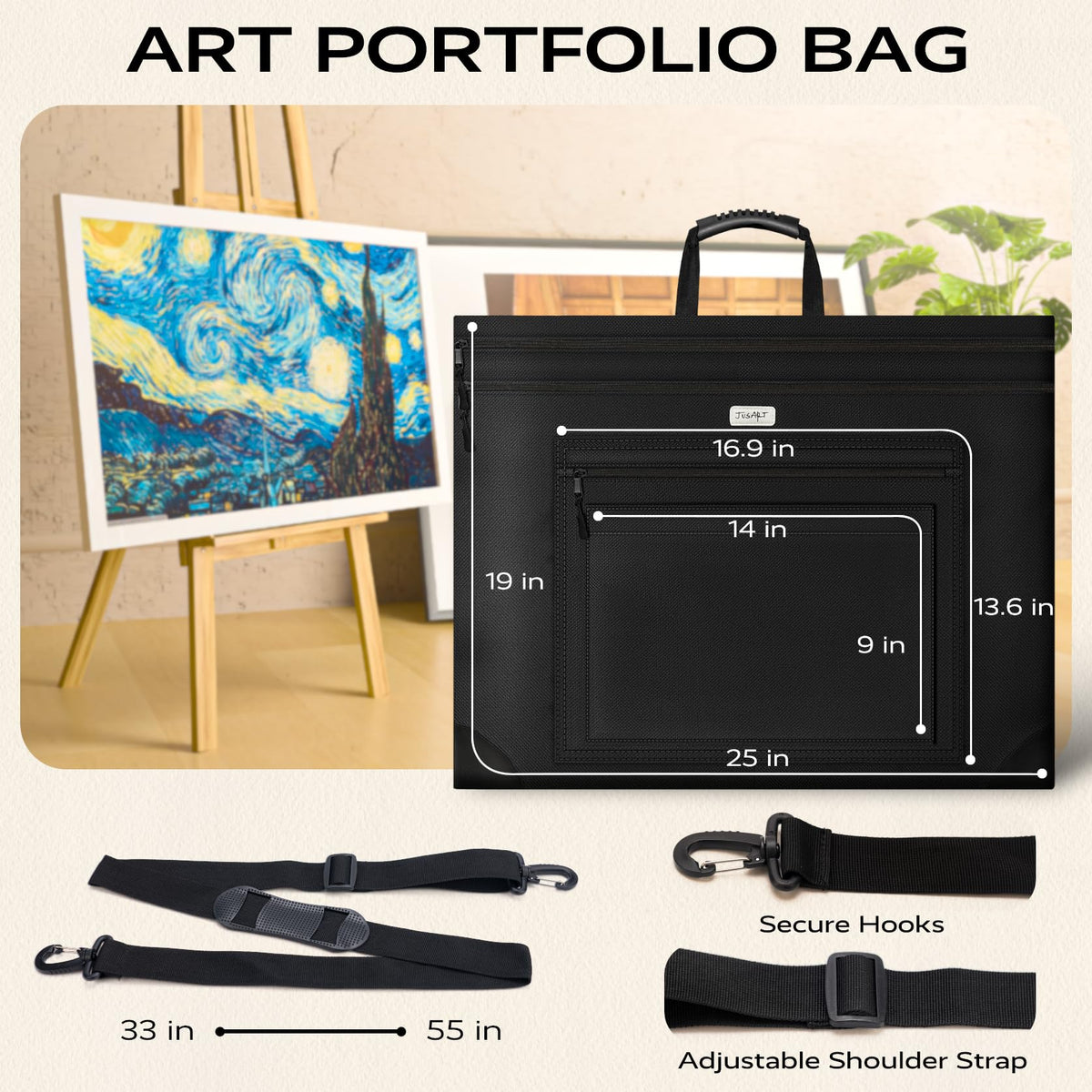 JusArt Art Portfolio Bag, 18x24 Light Weight Portfolio Folder Case with Adjustable Shoulder Strap, Leather Corners, Waterproof Art Bag for Artists and Students for Artwork, Poster, Sketching, Drawing