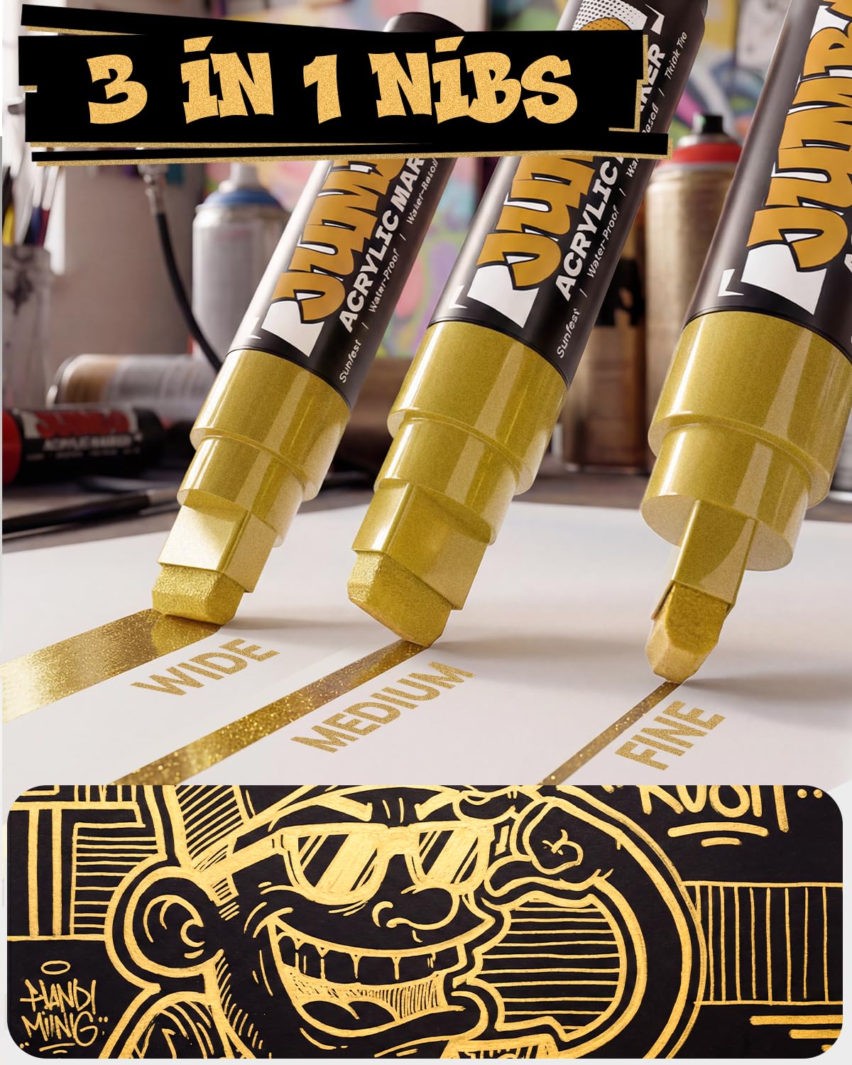 JusArt 4 Pcs Gold Jumbo Poster Marker Set, 15mm Wide Tip and 0.7mm Fine Tip, Acrylic Paint Markers for Rock, Fabric, Glass, Metal, Wood