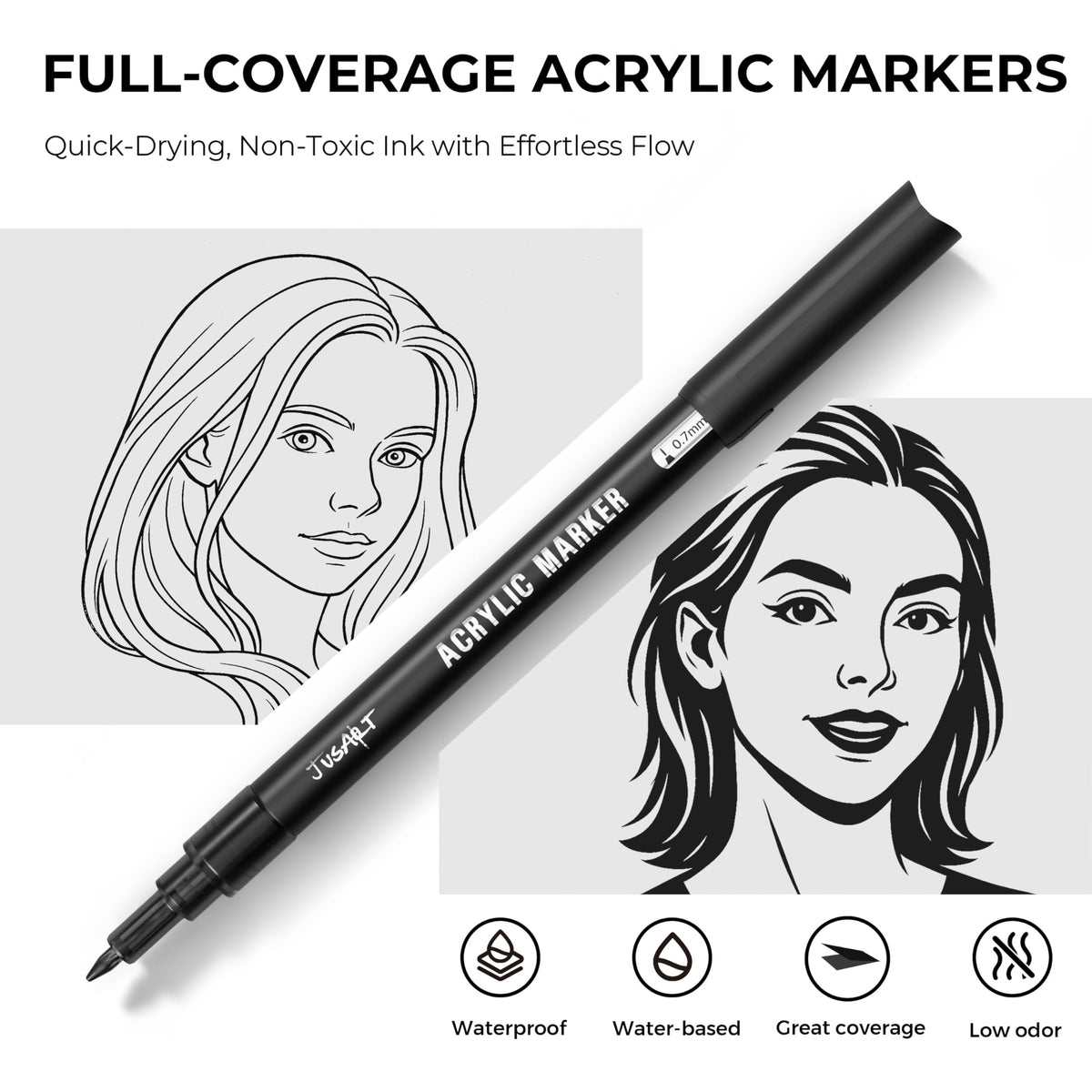 JusArt 3 Pack Black Permanent Markers, 0.7mm Fine Point Acrylic Paint Pens for Rock Painting, Art Projects, Ceramic, Glass, Wood, Metal, Fabric, DIY, Ideal White Acrylic Marker for Art Supplies