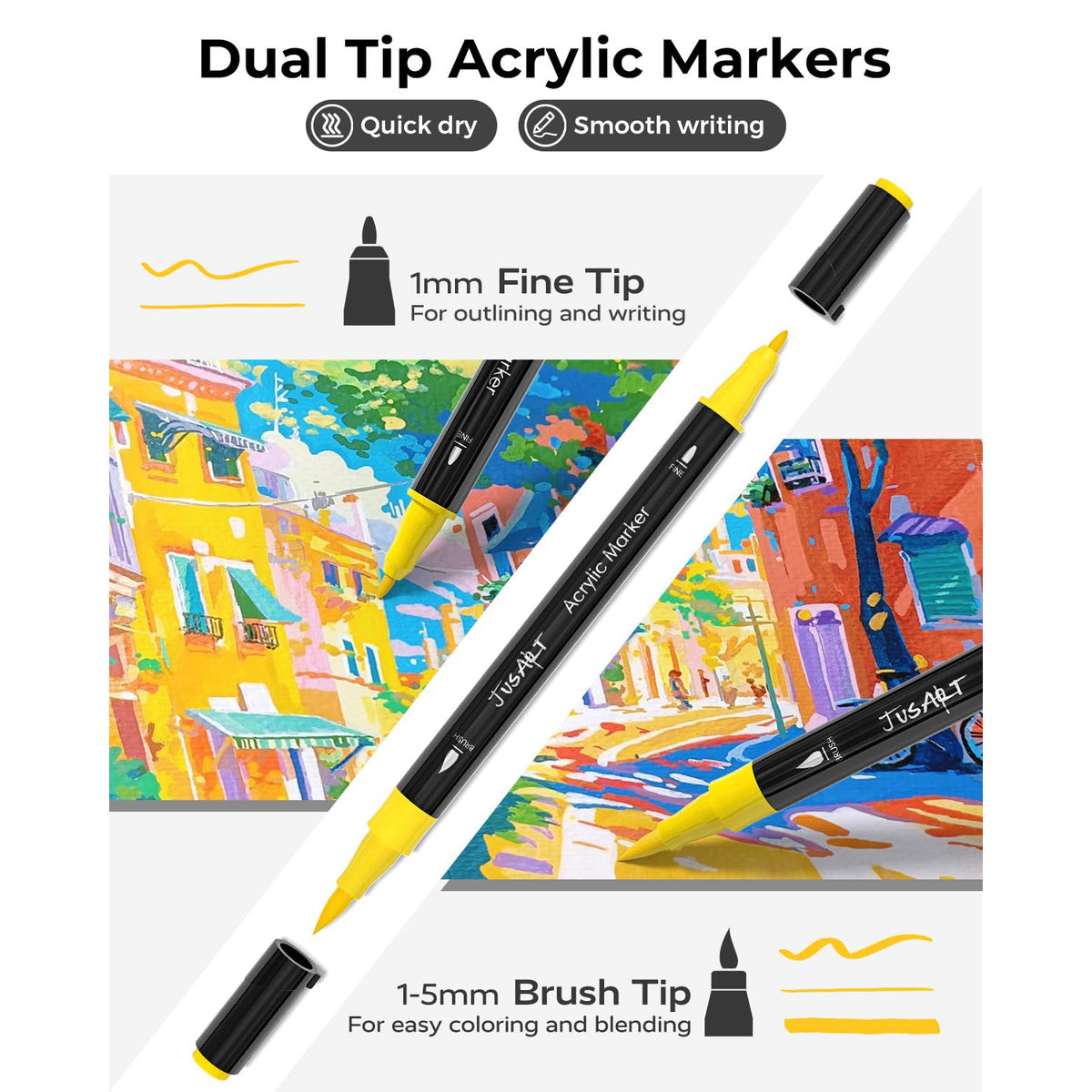 JusArt 48 Colors Dual Tip Acrylic Paint Pens Markers, Brush and Fine Tip, Premium Paint Pens for Wood, Canvas, Egg, Stone, Fabric, Rocks, Metal, Glass, Ceramic, DIY Crafts Making Art Supplies Gifts