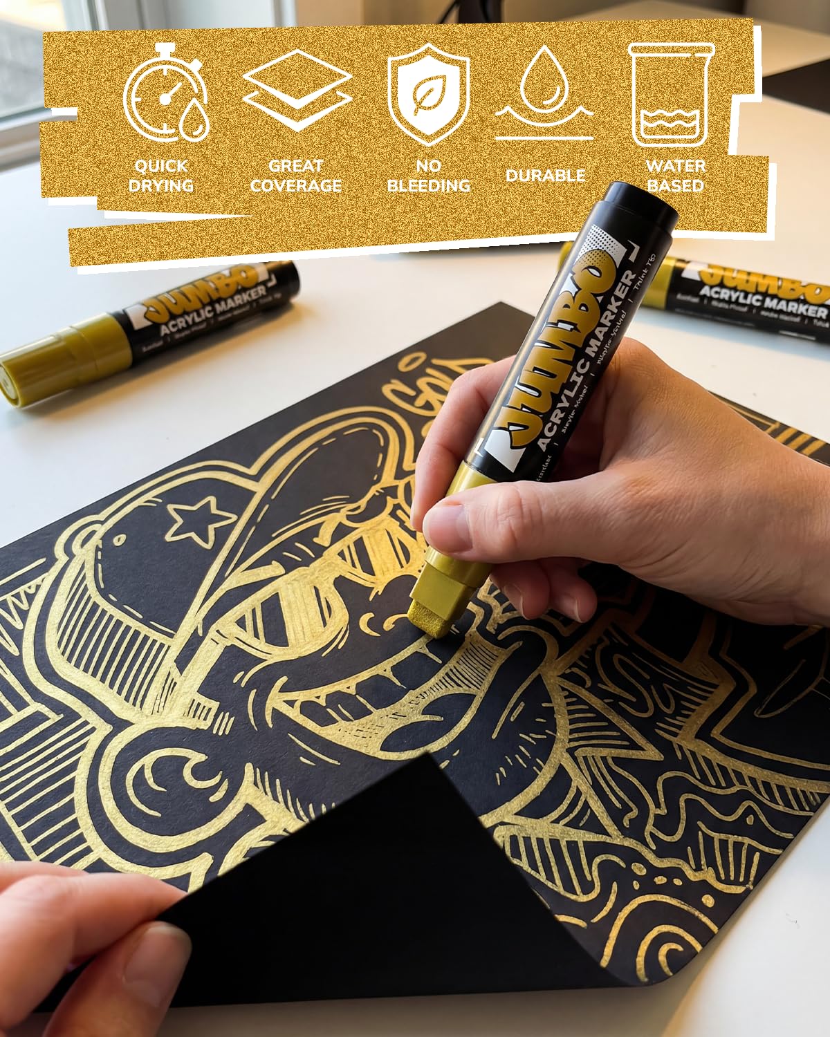 JusArt 4 Pcs Gold Jumbo Poster Marker Set, 15mm Wide Tip and 0.7mm Fine Tip, Acrylic Paint Markers for Rock, Fabric, Glass, Metal, Wood