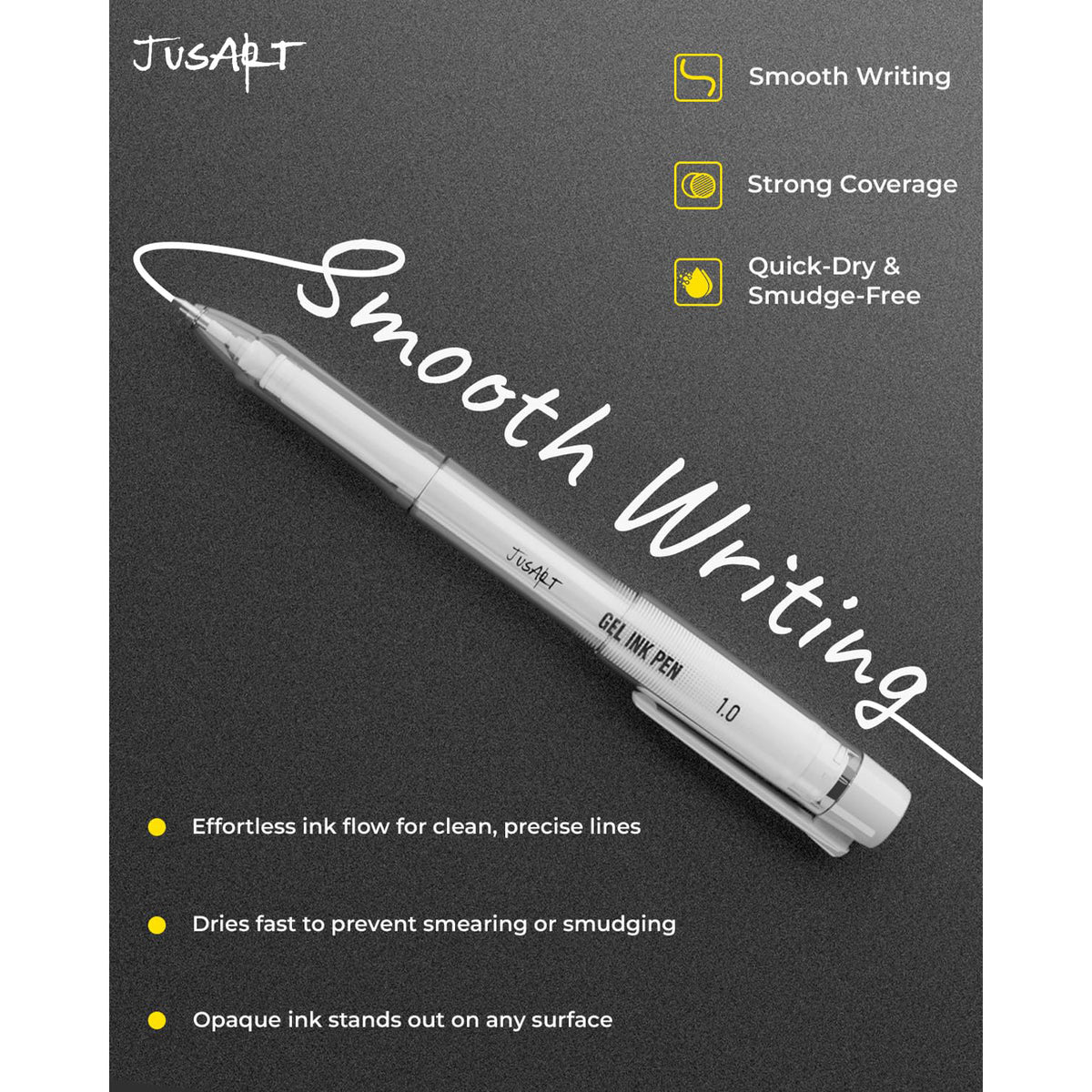 JusArt White Gel Pens with 0.4mm, 0.5mm & 1.0mm Assorted Tips, Opaque White Ink Pens for Black Paper, Drawing, Journaling & DIY Crafts, Ideal Drawing Pens for Artists & Art Supplies, 5 Pack