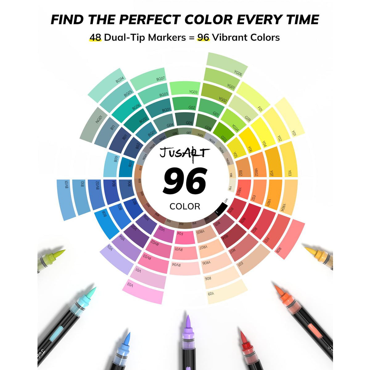 JusArt Acrylic Paint Markers, 96 Colors Brush Tip Acrylic Marker Set, 48 Dual-Tip Water-Based No-Bleed Markers with Automatic Ink Control for Wood, Rock, Fabric, Canvas, Glass, Metal,DIY Crafts