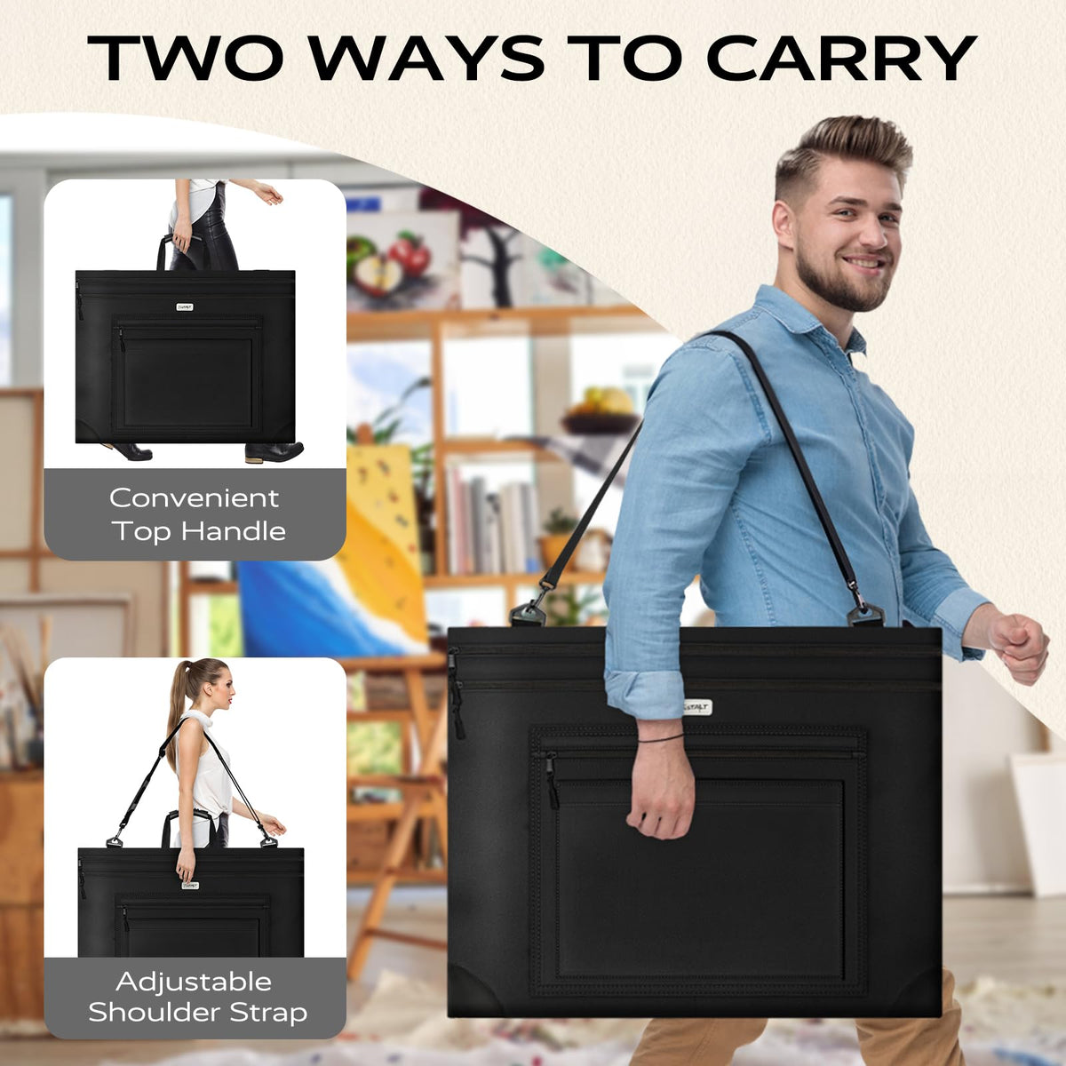 JusArt Art Portfolio Bag, 24x36 Light Weight Portfolio Folder Case with Adjustable Shoulder Strap, Leather Corners, Waterproof Art Bag for Artists and Students for Artwork, Poster, Sketching, Drawing