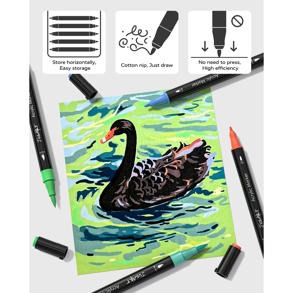 JusArt 60 Colors Dual Tip Acrylic Paint Pens Markers, Brush and Fine Tip, Premium Paint Pens for Wood, Canvas, Egg, Stone, Fabric, Rocks, Metal, Glass, Ceramic, DIY Crafts Making Art Supplies Gifts