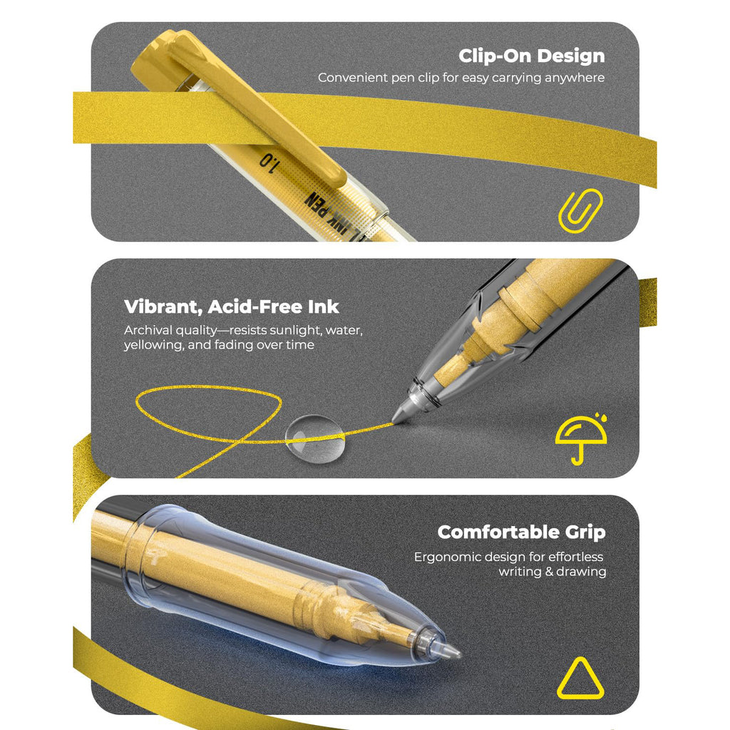 JusArt Gold Pens with 0.4mm, 0.5mm & 1.0mm Assorted Tips, Opaque Ink Gel Pens for Black Paper, Drawing, Journaling & DIY Crafts, Ideal Drawing Pens for Artists & Art Supplies, 3 Pack