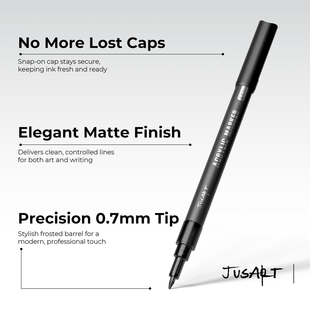 JusArt 6 Pack Black Acrylic Paint Markers, 0.7mm Fine Point Acrylic Paint Pens for Rock Painting, Art Projects, Ceramic, Glass, Wood, Metal, Fabric, DIY Crafts, Ideal Black Paint Pen for Art Supplies