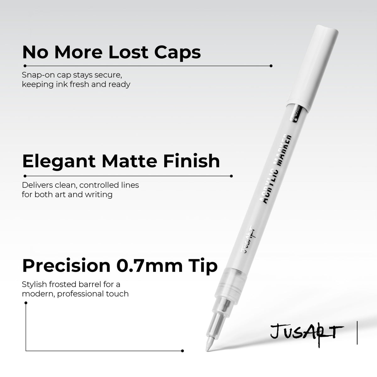 JusArt 6 Pack White Permanent Markers, 0.7mm Fine Point Acrylic Paint Pens for Rock Painting, Art Projects, Ceramic, Glass, Wood, Metal, Fabric, DIY, Ideal White Acrylic Marker for Art Supplies