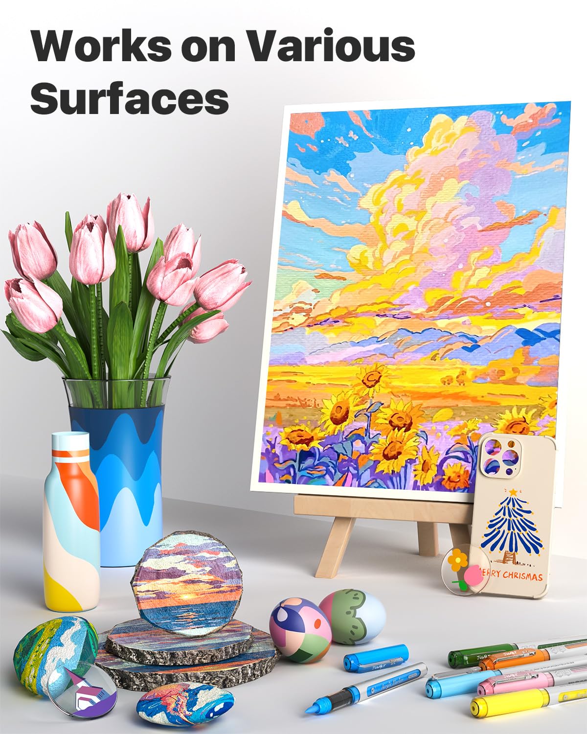 JusArt Acrylic Paint Markers Brush Tip 18 Colors, Water-Based No-Bleed Markers with Automatic Ink Control, Waterproof Acrylic Paint Pens for Eggs, Fabric, Rock, Glass, Ceramic, Metal