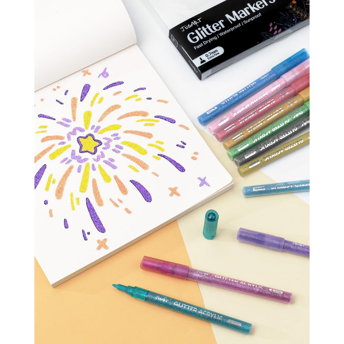 JusArt 32 Colors Glitter Markers, Glitter Paint Pens Sparkly and Shiny for DIY Card Making, Coloring, Scrapbooking,Wood, Stone, Fabric, Rock - 0.7mm Extra Fine Acrylic Paint Markers