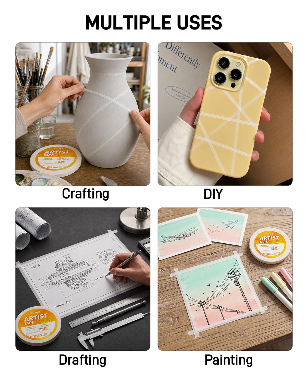 JusArt 3 Pack Artist Tape for Watercolor Paper, 1/4 inch Wide